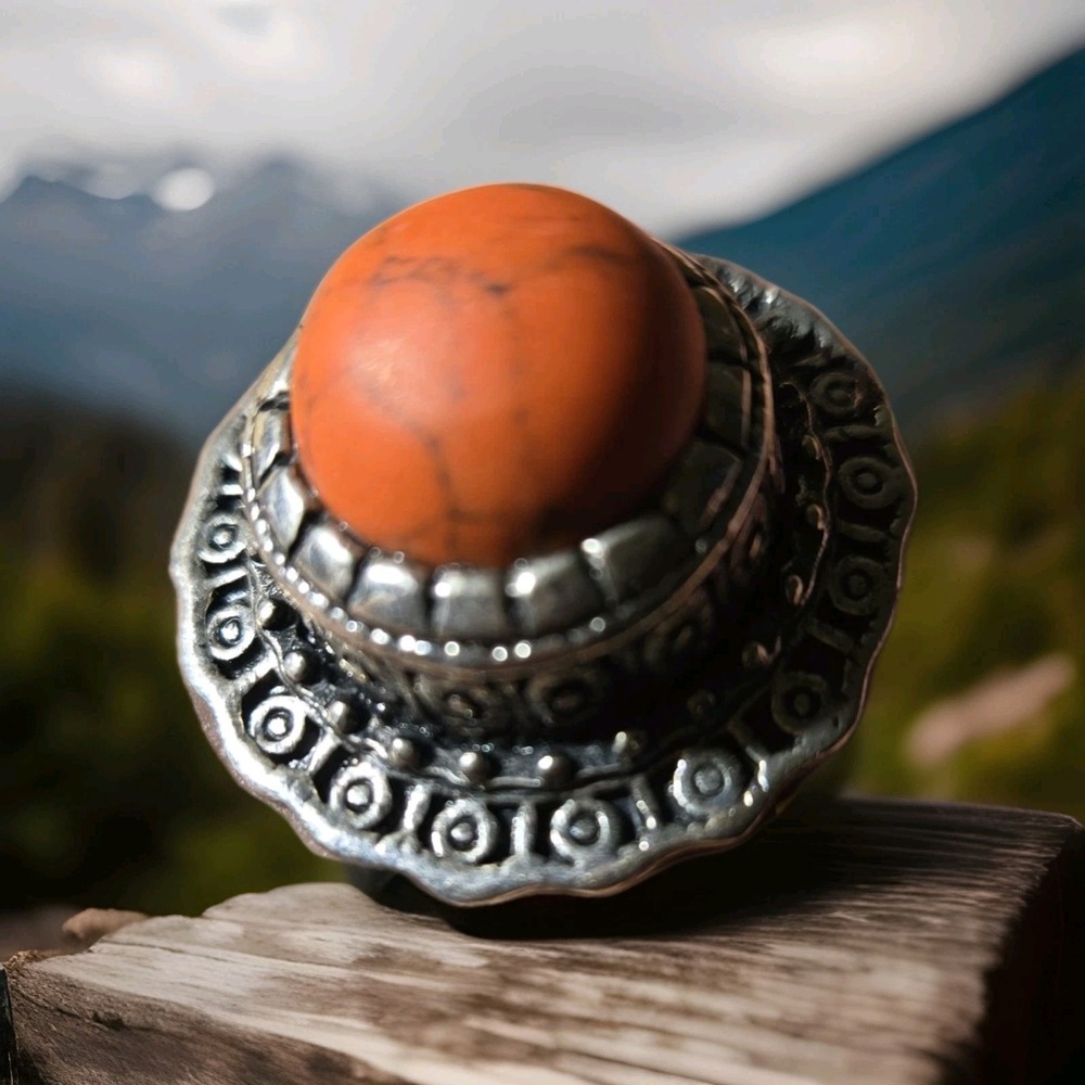 Large Faux Coral Ring Adjustible Statement Piece Gorgeous!! Silver Toned
